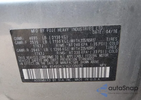 2016 Subaru Outback 2.5I Premium from USA, damaged, VIN 4S4BSACC1G3339028